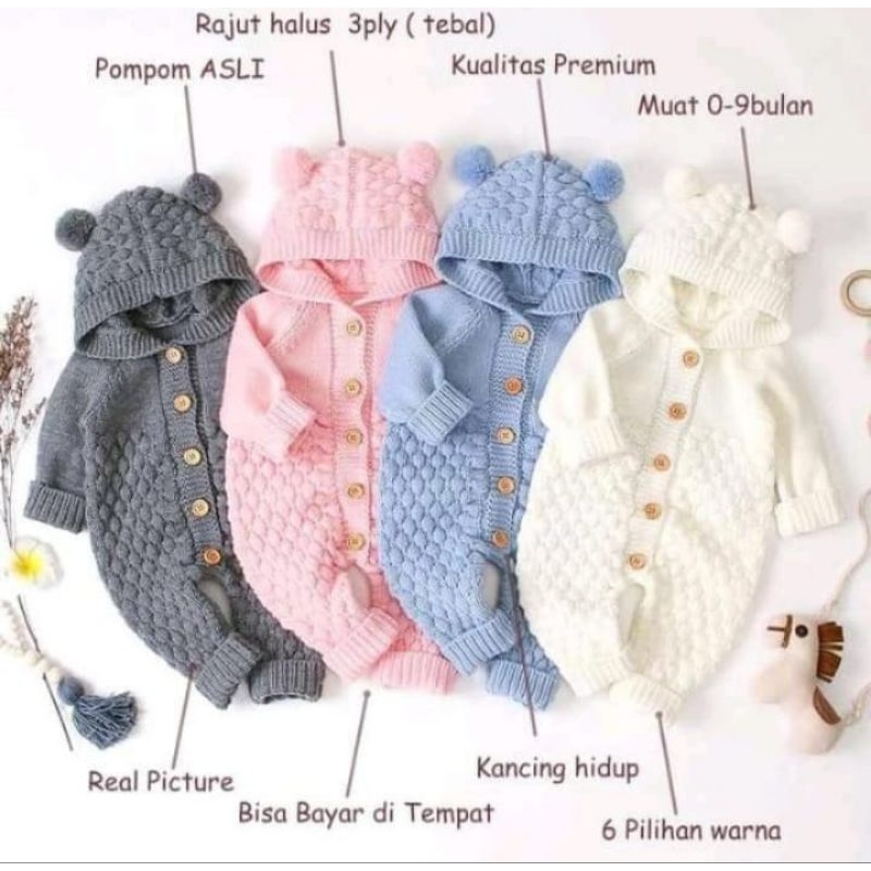 Jumpsuit Bayi Rajut Halus Popcorn Anak Bayi 0-12 bulan/ Jumper gemas popcorn rajut tebal bayi