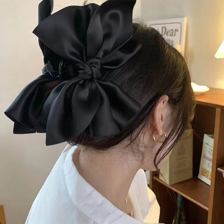 JEDAI PITA SATIN HITAM BOWKNOT BESAR IRREGULAR JEPIT RAMBUT JEPITAN KOREA BLACK BIG SILK BOW HAIR CLAW