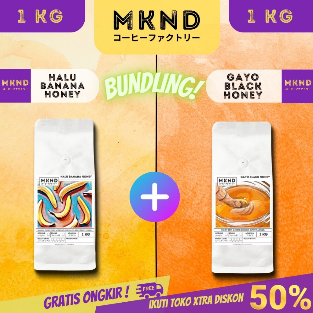 

BUNDLING HEMAT 1 KG HALU BANANA HONEY + 1 KG GAYO BLACK HONEY | KOPI ARABIKA | SINGLE ORIGIN SPECIALTY COFFEE | MKND®