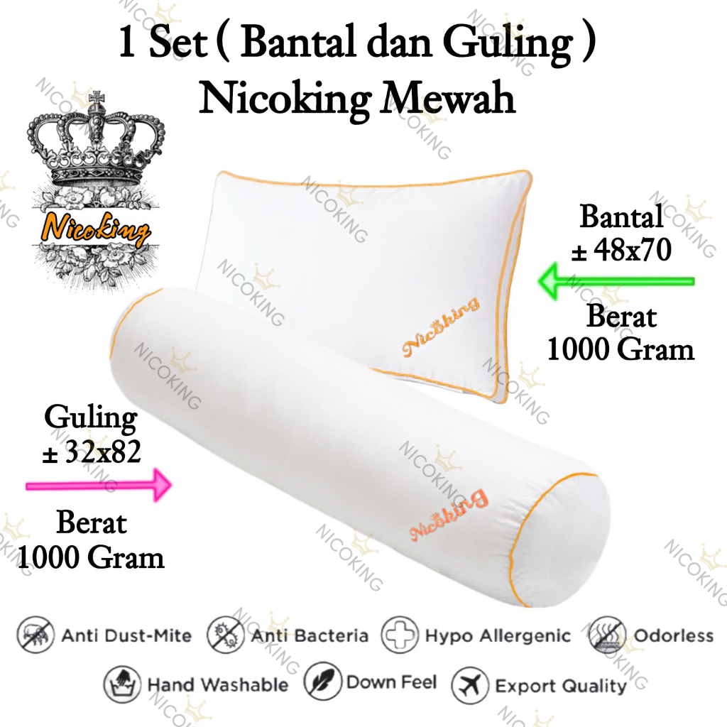 Nicoking 1 Set Bantal dan Guling Bantal Guling Tidur Kepala Premium Hotel Bintang 5 Premium Mewah Lembut Tebal Terbaik Bukan Brendis