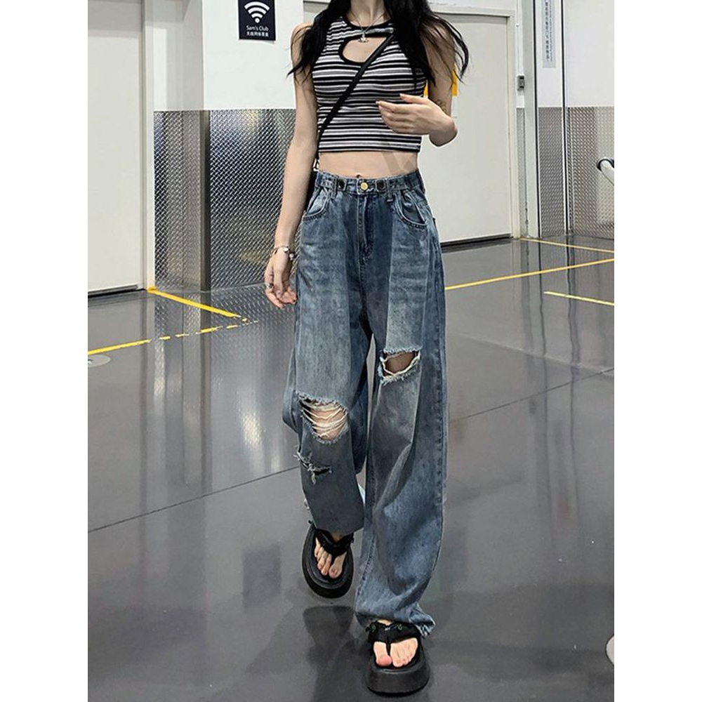 High Waist Celana Jeans Wanita Panjang Warna Biru Korea Terbaru Dengan Potongan Kaki Lebar Yang Keren