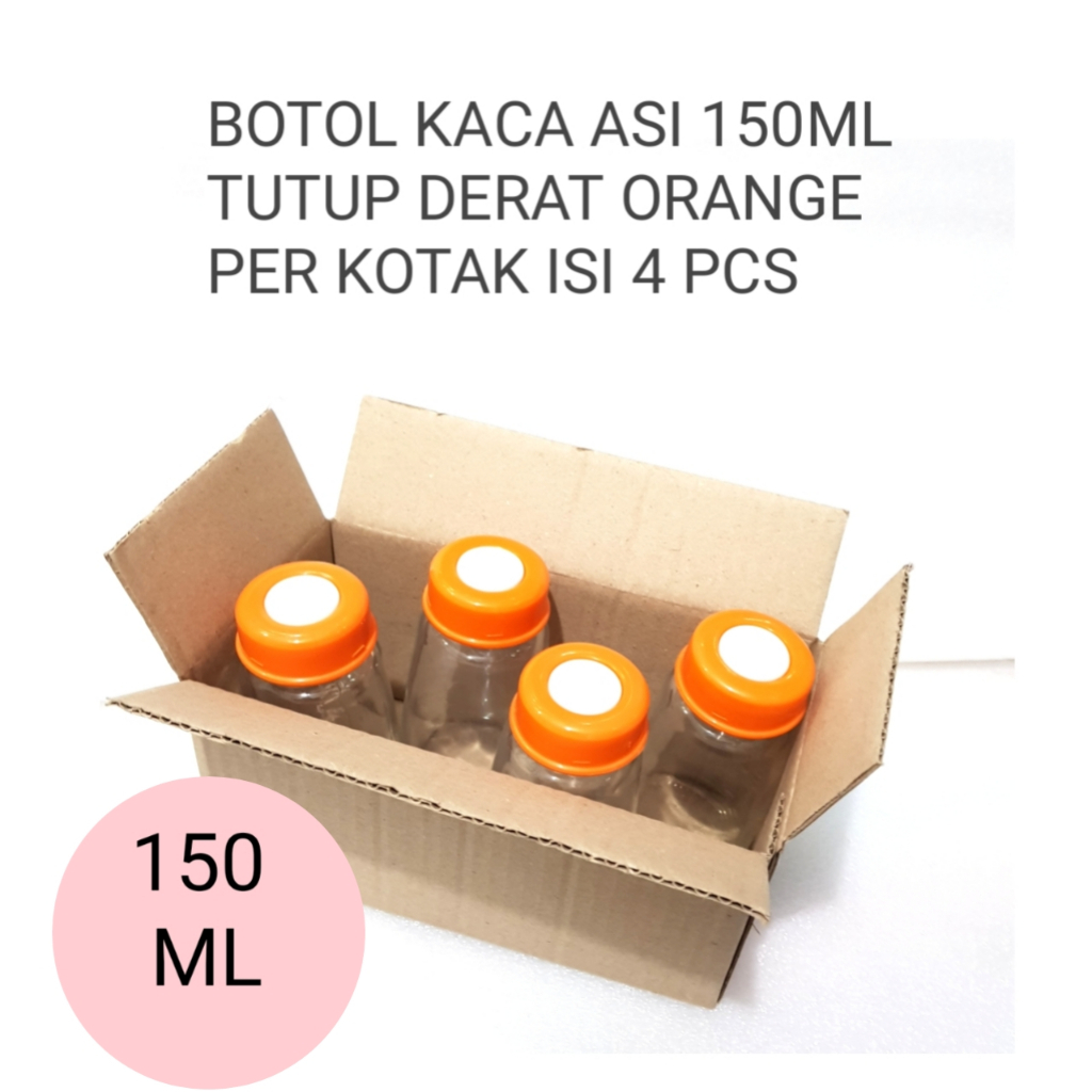 Botol Asi 150ml Tutup Derat Orange Kaca /  Botol Susu Bayi / BOTOL ASI KACA 150 BAYI