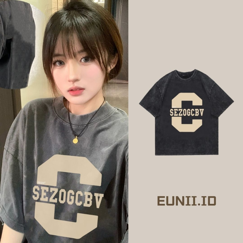 EUNII T-shirt Lengan Pendek Black Washed Design C Letter Printing Korean Style/Kaos Atasan Wanita/Baju Wanita