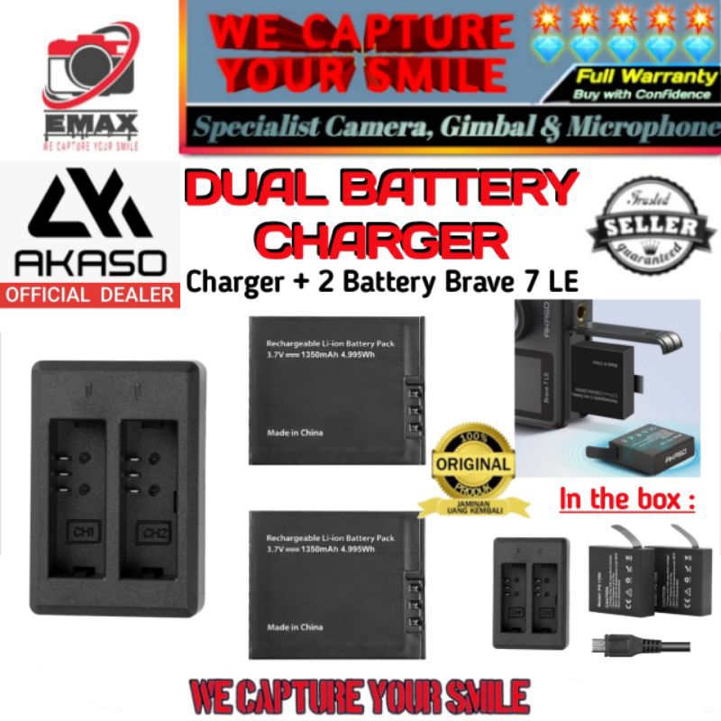 AKASO Brave 7 LE Dual Charger + 2 Battery Kit Actioncam 4K Wifi EIS Camera Baterai Akaso Brave 7LE 4