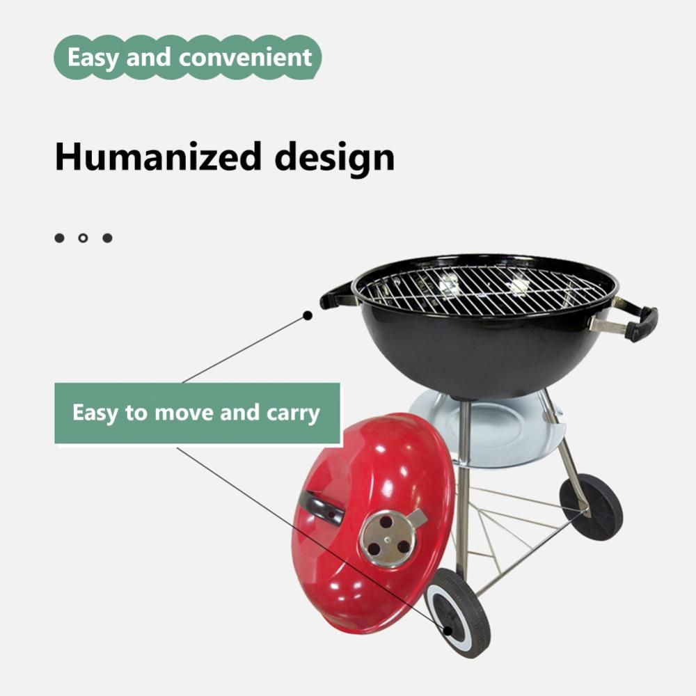 Trolley Barbecue Charcoal Grill 17 Inch BBQ Premium Outdoor Cooking Camping Red Kettle Grill Tailgating Portable Round Thickened Grilling Bowl with Wheels