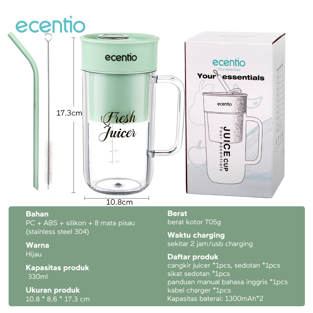 [Hadiah Gratis] ecentio Blender Juicer Portable 330ml Mini jus 8 Mata Pisau USB Blender Cangkir Multifungsi Electric Mixer/Ice Crusher/ Blender Jus/Penggiling  Kopi/ Food Chopper