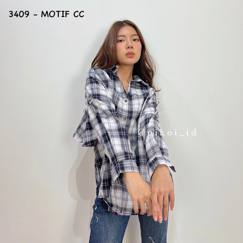 Baju oversize wanita kotak kotak / Loose Top Flanel / kemeja oversized ruffle flanel tartan hem 3409