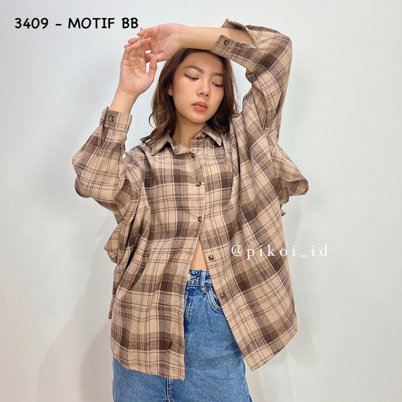 Baju oversize wanita kotak kotak / Loose Top Flanel / kemeja oversized ruffle flanel tartan hem 3409