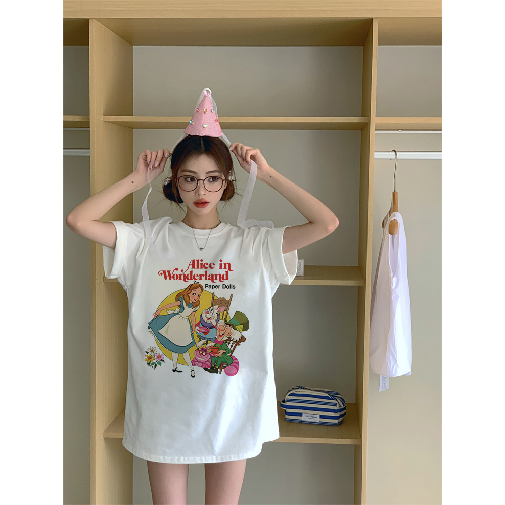 EUNII T-shirt Lengan Pendek Cartoon Alice Printing Korean Style/Kaos Atasan Wanita/Baju Wanita/Kaos Wanita