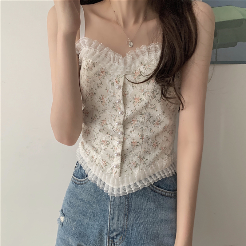 XiaoZhaiNv Tank Top Wanita Korean Style Renda Bordir Crop Top Sexy 0775