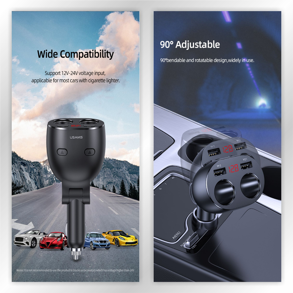 USAMS C16 Dual USB &amp; Cigarette Lighter Holes Digital Display Car Charger 96W Max