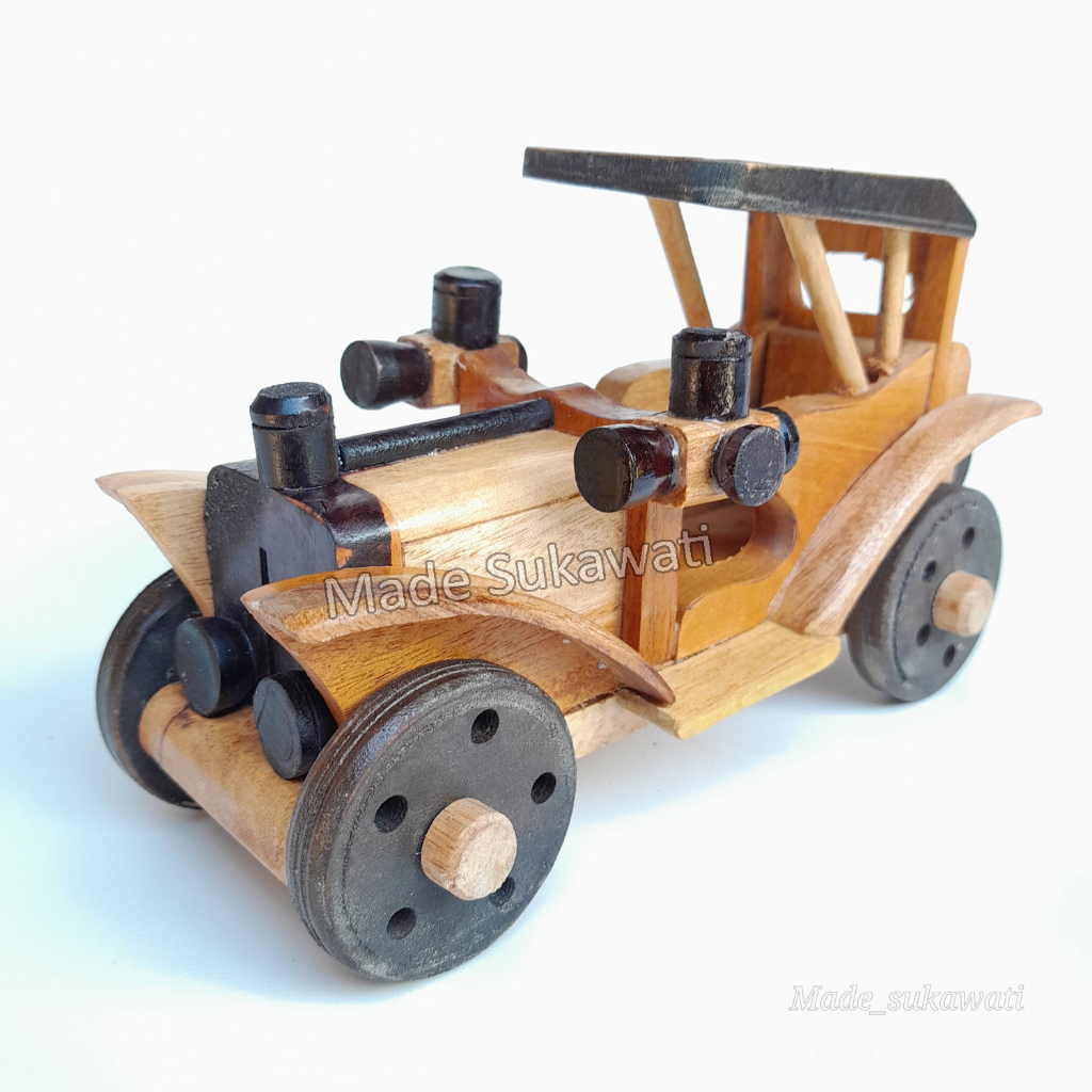 Miniatur mobil klasik 19cm kerajinan kayu handmade