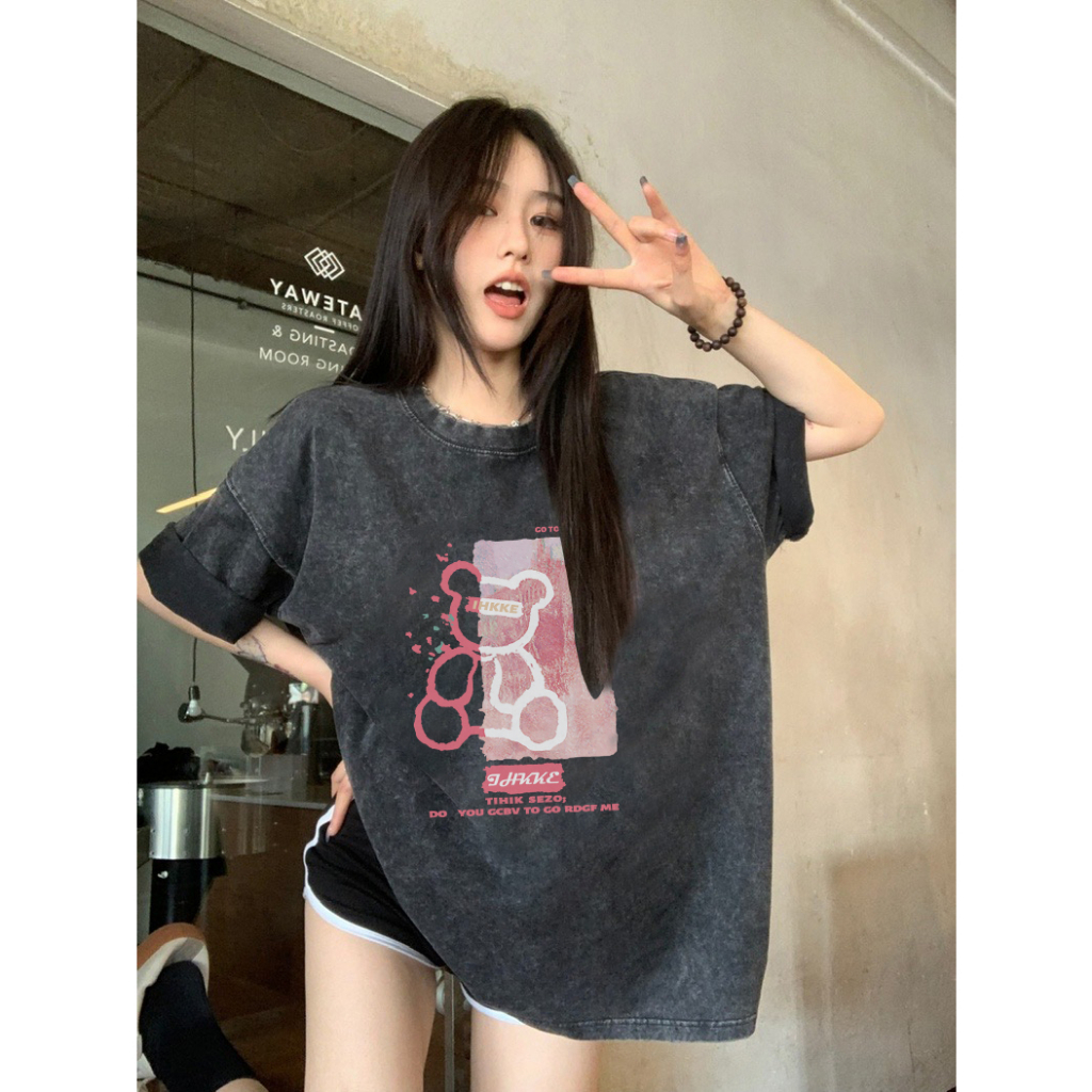 EUNII T-shirt Lengan Pendek Black Washed Cartoon Pink Bear Printing Korean Style/Kaos Atasan Wanita/Baju Wanita