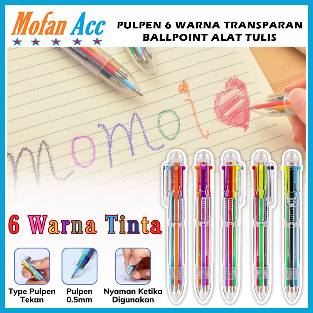 

Pulpen 6 Warna isi Tinta 6in1 Pena 0.5mm / Ballpoint Perlengkapan Menulis Multicolor Pen Case Transparent Transparan Bolpen Mix Colour Alat Tulis Kantor Sekolah Warna Warni