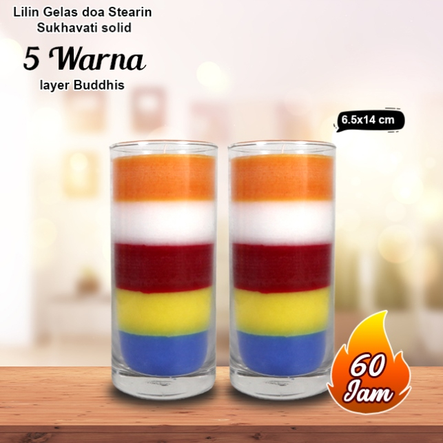 Lilin Gelas Waisak Panca 5 Warna Layer Stearin Sukhavati Solid 14 cm