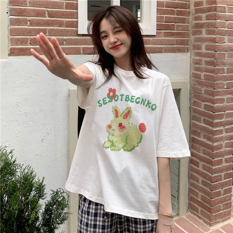XiaoZhaiNv Kaos Atasan Wanita Green Bunny Pattern Lengan Pendek A0787