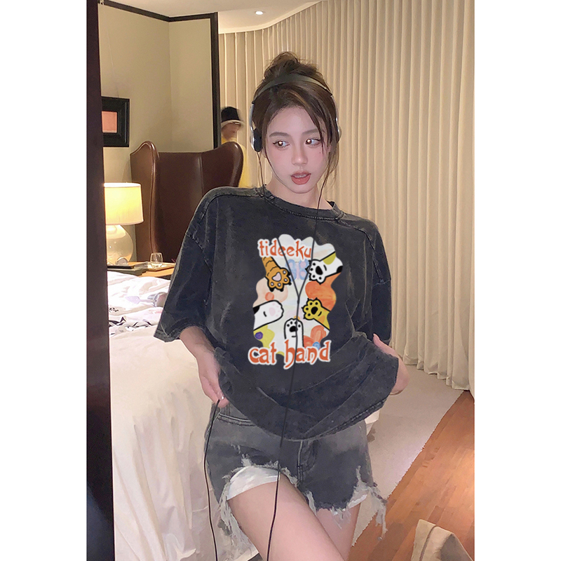 Print Washed T-shirt Kaos Lengan Pendek Oversize Cartoon Cat Paw Korean Style Atasan Wanita