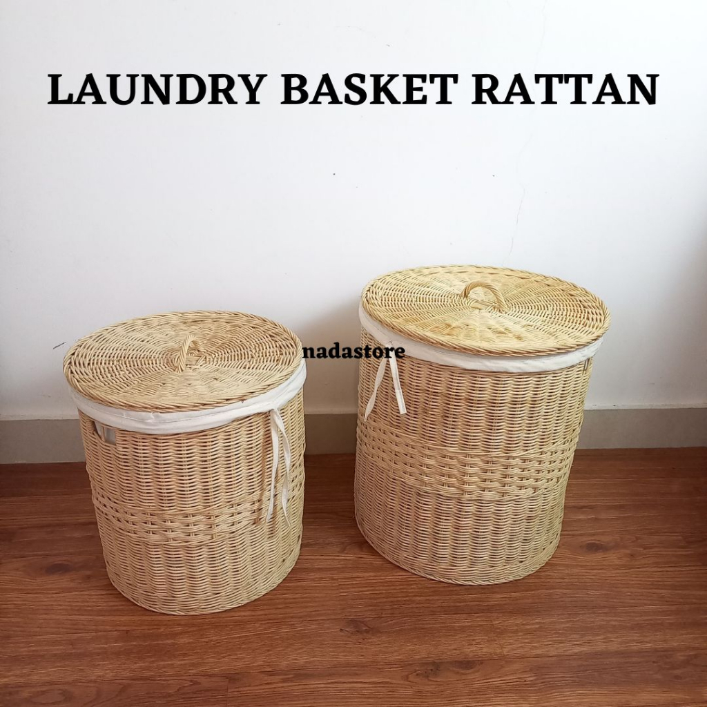 Keranjang Laundry / Keranjang Baju Kotor Dengan Tutup Dan Kain Serbaguna Anyaman Asli Bambu / Rotan