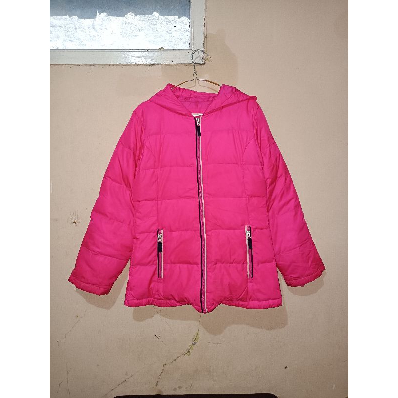 puffer jacket gelembung bulu angsa by lands end jaket wanita size S pink neon
