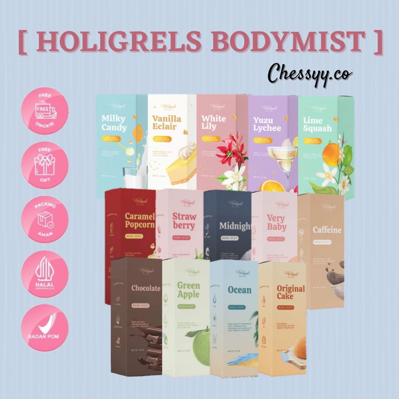[ READY‼️] BPOM 75ml BODY MIST PARFUME HOLIGRELS SKINCARE [ NEW VARIAN : MIDNIGHT, STRAWBERRY, POPCO
