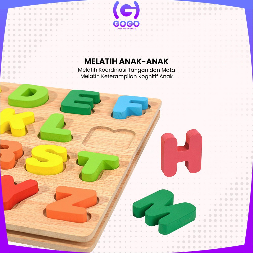 GOGO-M313 Mainan Edukasi Anak Puzzle Kayu 3D Huruf Angka dan Bangun Datar / Puzzle Alphabet Mainan Kayu Anak / Wooden Toys ABC Kids