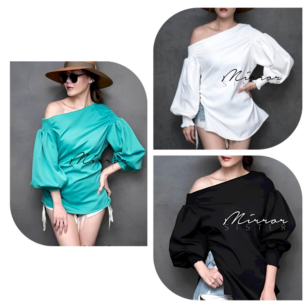 Mirror Sister Baju Atasan Blouse Top Off Shoulder Lengan Balon Wanita Import Bangkok BKK 11295