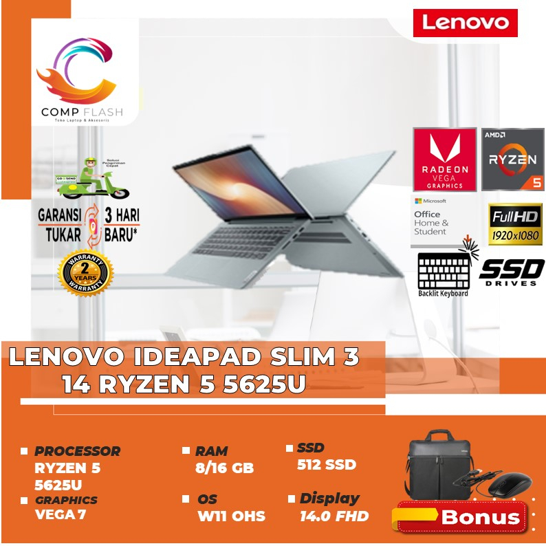 LAPTOP LENOVO IDEAPAD SLIM 3 14 RYZEN 5 5625U  RAM 8/16 GB 512SSD VEGA7 W11 OHS 14.0FHD