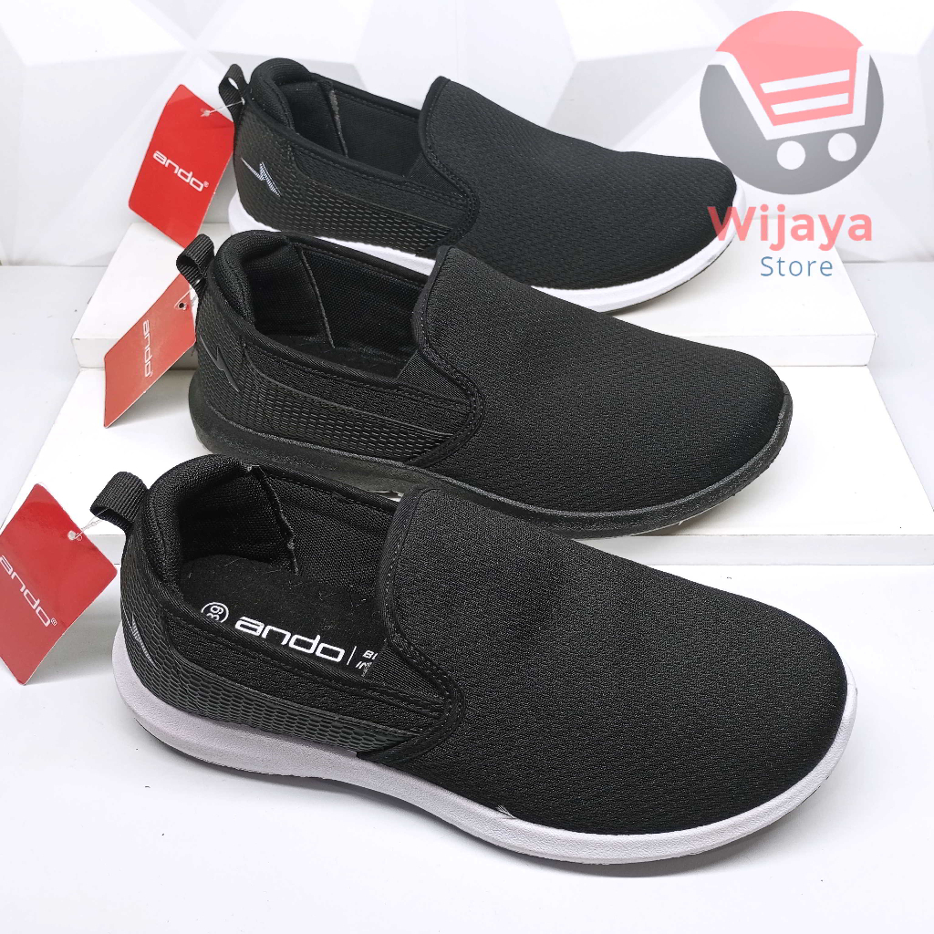 Sepatu Slip On Pria Ando 39-43 Hitam Polos Putih Cocok untuk Aktivitas Sekolah maupun Gaya Kasual Hovix