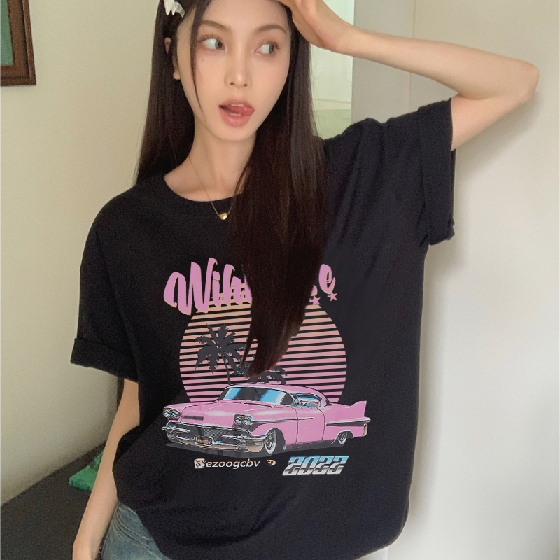 EUNII T-shirt Lengan Pendek Retro Pink Desert Car Printing Korean Style/Kaos Atasan Wanita/Baju Wanita/Kaos Wanita