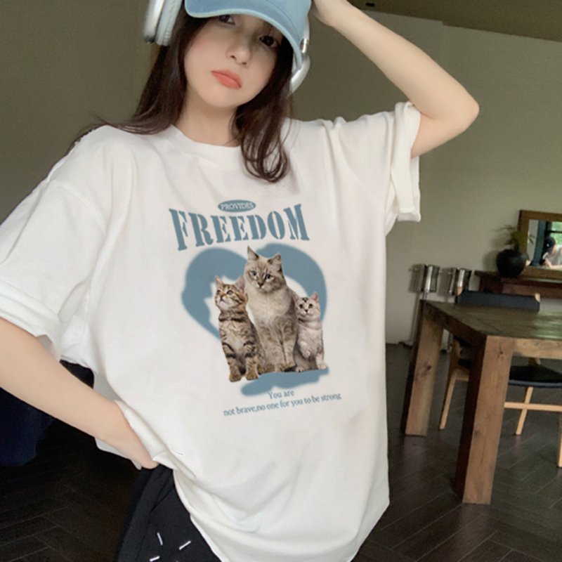 EUNII T-shirt Lengan Pendek Cartoon Blue Heart Cat Printing Korean Style/Kaos Atasan Wanita/Baju Wanita/Kaos Wanita