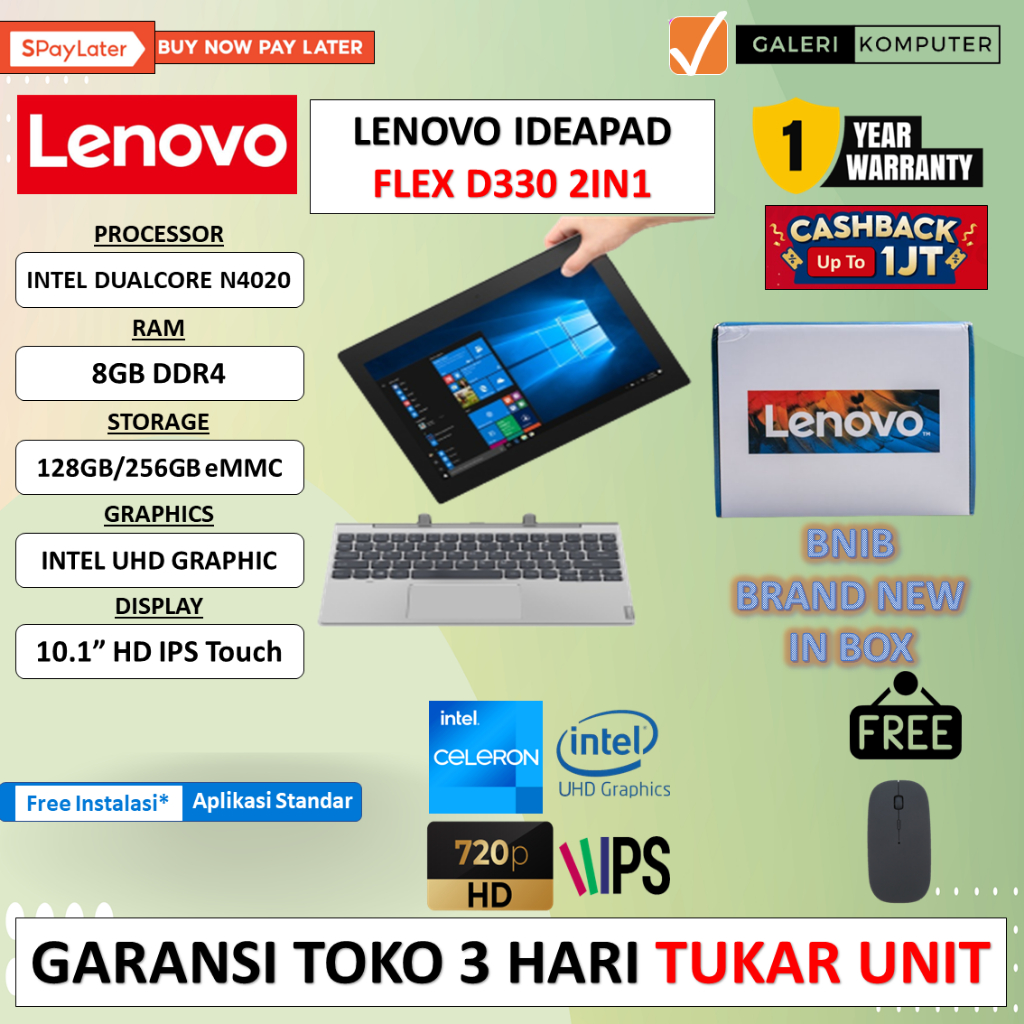 LENOVO IDEAPAD FLEX SLIM D330 10IGL INTEL N4020 8GB 256GB TOUCHSCREEN WINDOWS 10 PRO TERLARIS