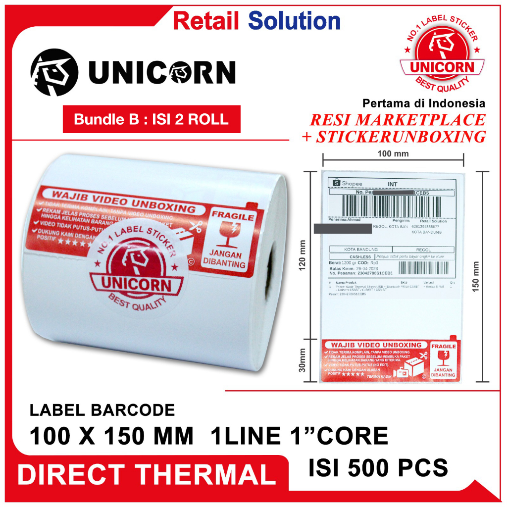 Bundle isi 2 Roll - Stiker Label Thermal Alamat AWB Unboxing + Fragile A6 100x150 mm / 10x15 cm @500 lembar