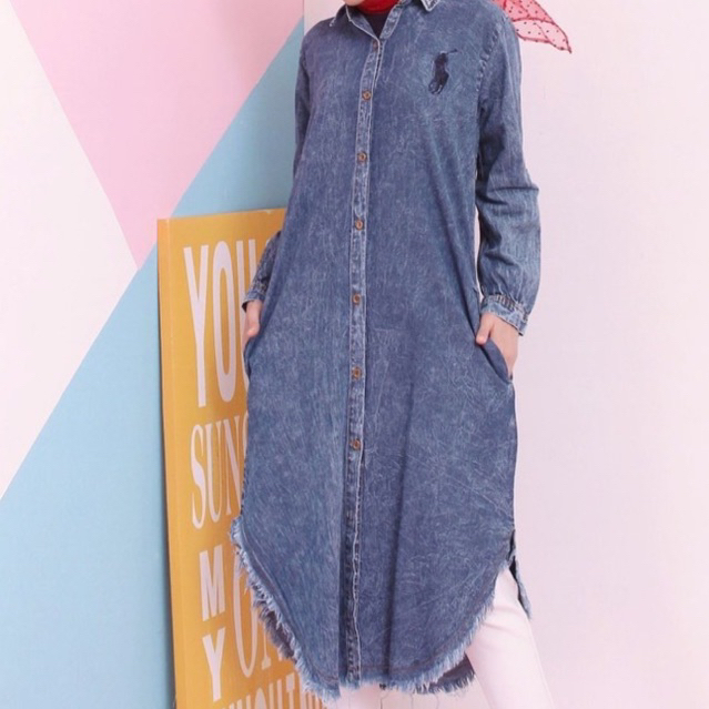 Atasan Wanita Lenna Long Tunik Denim Jeans Snow Full Kancing Lengan Panjang