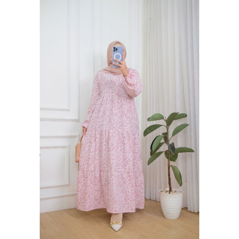 Dress Crinkle motif / Midi dress crinkle motif bunga / Gamis Crinkle motif