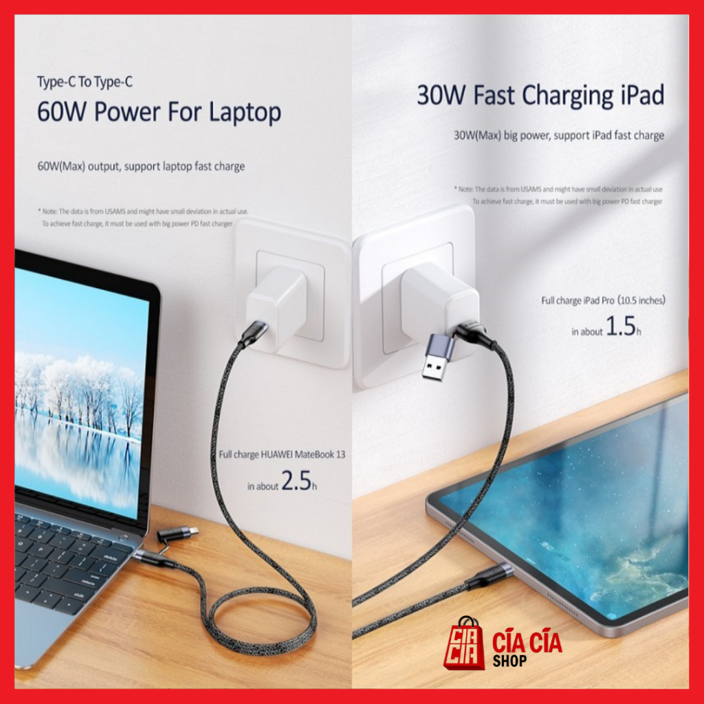 USAMS U31 Kabel Charger 2 IN 1 USB+Type C to Type C+Lightning PD Fast Charging 60W Dual Cable Charger