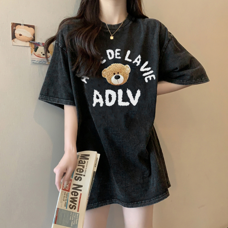 XiaoZhaiNv Korean Style Boneka Beruang Pattern Washed Printing Kaos Wanita A0922/Baju Wanita Kekinian