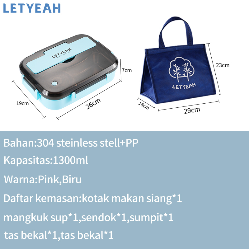 letyeah Lunch box stainless 4 skeat anti tumpah dan tahan panas kotak makan set tas/mangkuk sup/tempat bekal makan