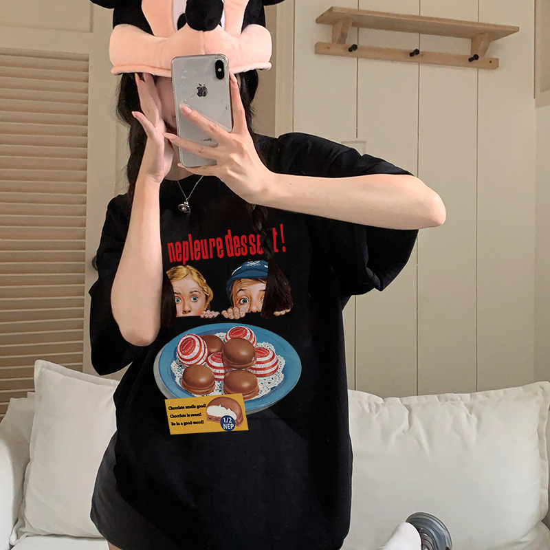 Print T-shirt Kaos Lengan Pendek Cartoon Boy Girl Dessert Oversize Atasan Wanita Korean Style