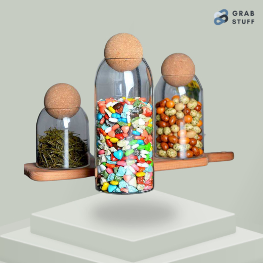 Toples Kaca Borosilicate Glass Storage Jar Transparan Tempat Penyimpanan Makanan dengan Tutup Kayu / Toples Lebaran Wadah Makanan Kue Kerupuk Bumbu Dapur Sereal Cereal Snack Cemilan Permen Susu Kedap Udara Serbaguna Praktis Aesthetic Mewah Premium Murah