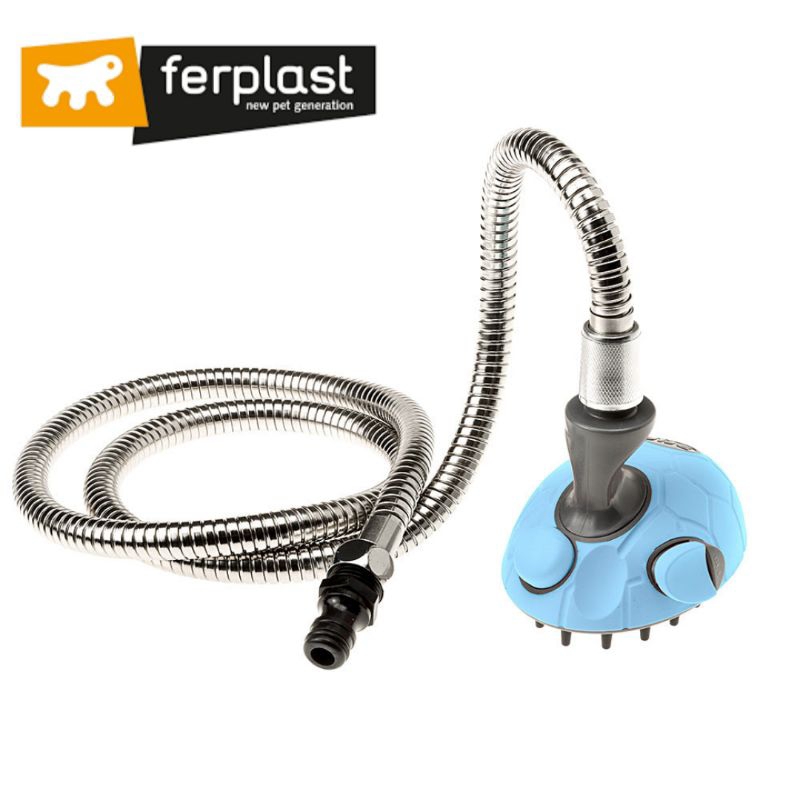 Selang Mandi Hewan dengan Dispenser Sabun dan Sikat Pijat, Panjang 150 cm, Biru, untuk Anjing dan Ku