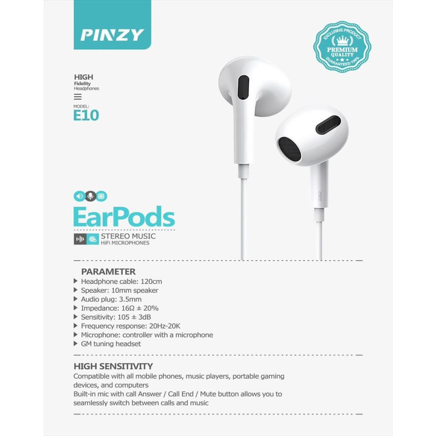 Headset - Earphone PINZY E10 Stereo Music Hifi Microphones