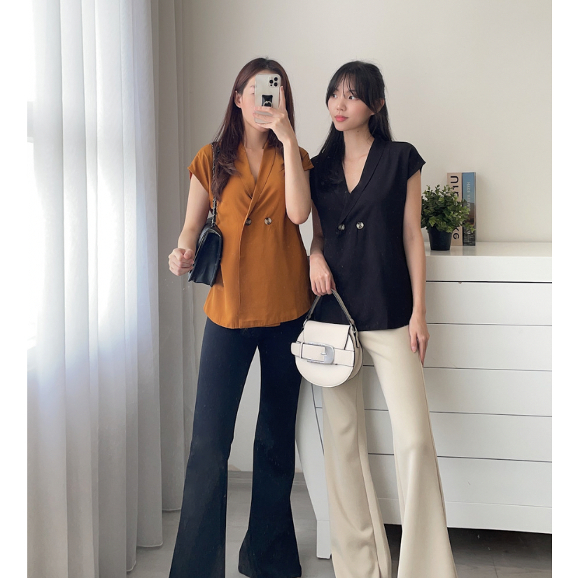 Kadaka T-0289 Top V Neck Blouse Wanita Detail Kancing