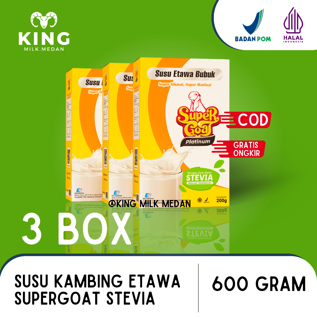 

3 box Super Goat Platinum - Susu kambing Bubuk Etawa Gula Stevia Premium Atasi Menstabilkan Diabetes Darah Tinggi dan Nyeri Sendi seperti produk Etawalin Etawaku Platinum Sr12 Gomars Provit Hni Herba Wight Supergoat Medan di