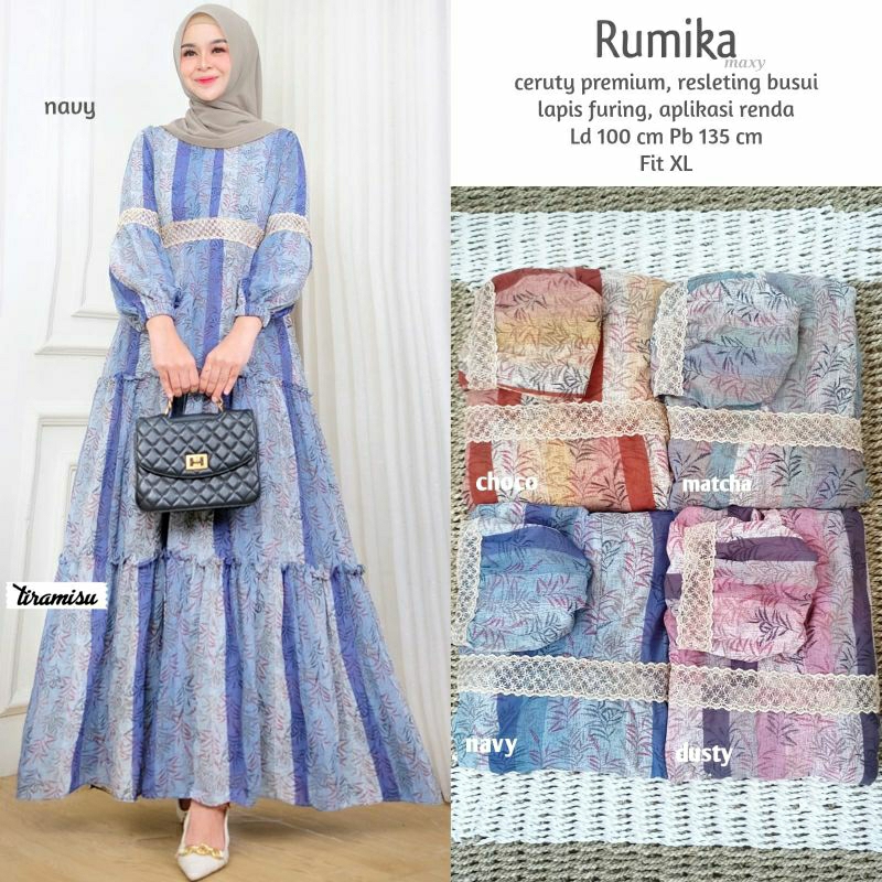 TIRAMISU rumika gamis ceruty full furing ld 100 allsize dress pesta motif bunga aplikasi renda origi
