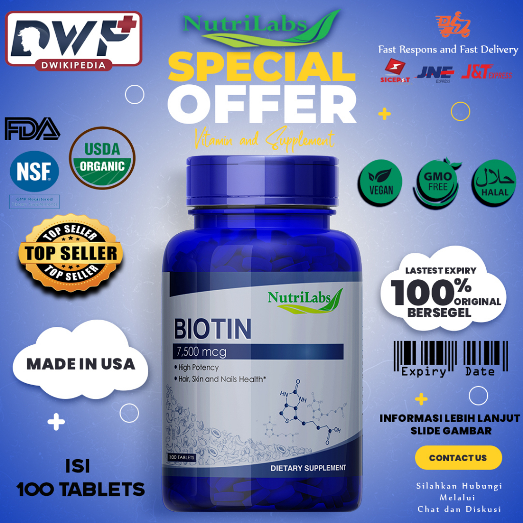 Nutrilabs Biotin 7500 mcg - 100 Tablets Original USA