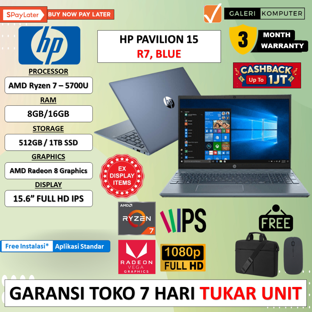 PROMO LAPTOP GAMING HP PAVILION 15 AMD RYZEN 7 - 5700U 8GB 512GB RADEON 8 15.6&quot; FHD IPS WINDOWS 11 HOME