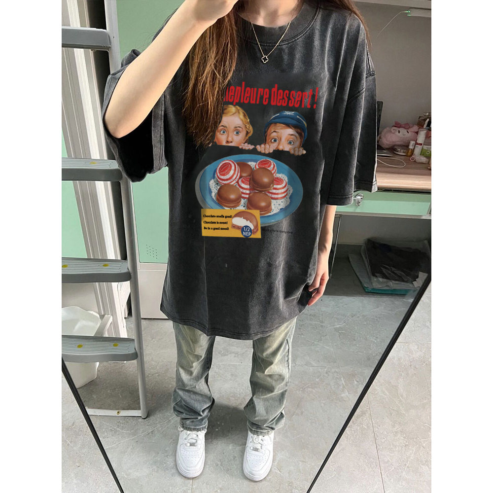 EUNII T-shirt Lengan Pendek Black Washed Cartoon Dessert Girl Printing Korean Style/Kaos Atasan Wanita/Baju Wanita/Kaos Wanita