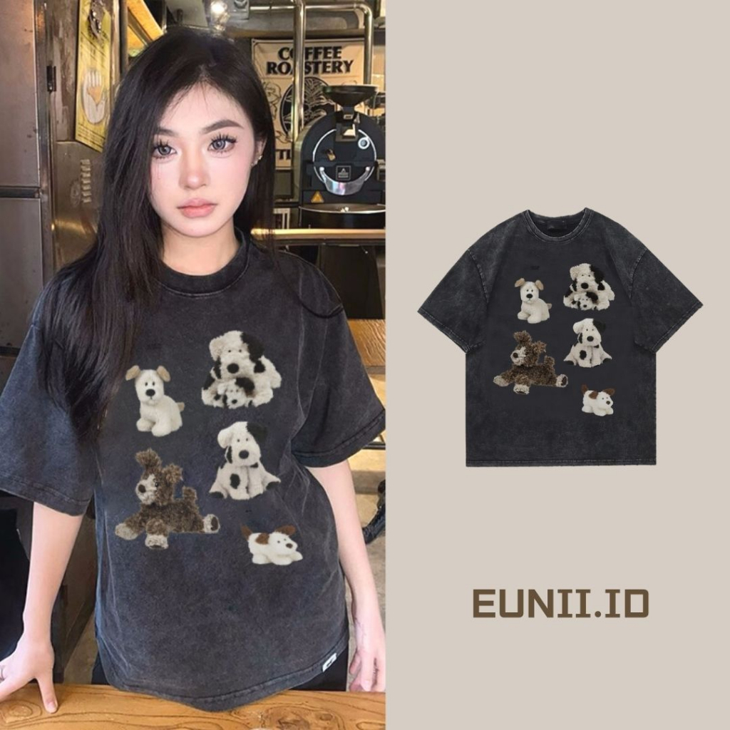 EUNII T-shirt Lengan Pendek Black Washed Cartoon Cow Dog Printing Korean Style/Kaos Atasan Wanita/Baju Wanita/Kaos Wanita