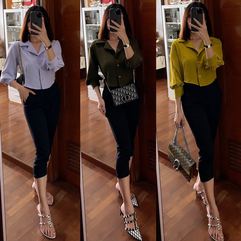 ATASAN KEMEJA CROP WANITA CRINCLE BAJU CROP TOP KERAH KEMEJA KERJA BAJU VIRAL