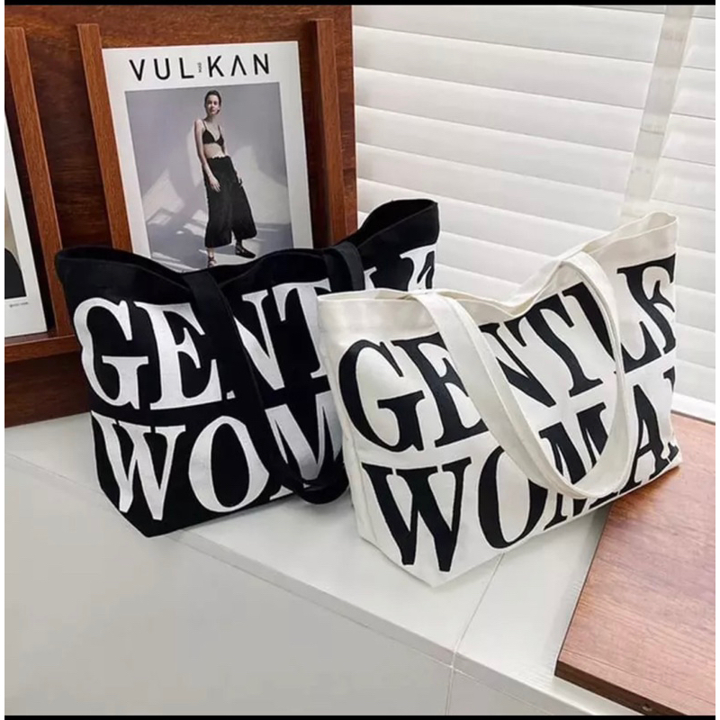 premium tas tote bag viral gentle kanvas hitam putih woman canvas bag black white thailand bangkok i